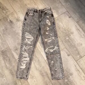 American Eagle Mom Jeans‎ Acid Wash Distressed Ripped Gray Denim Size 2